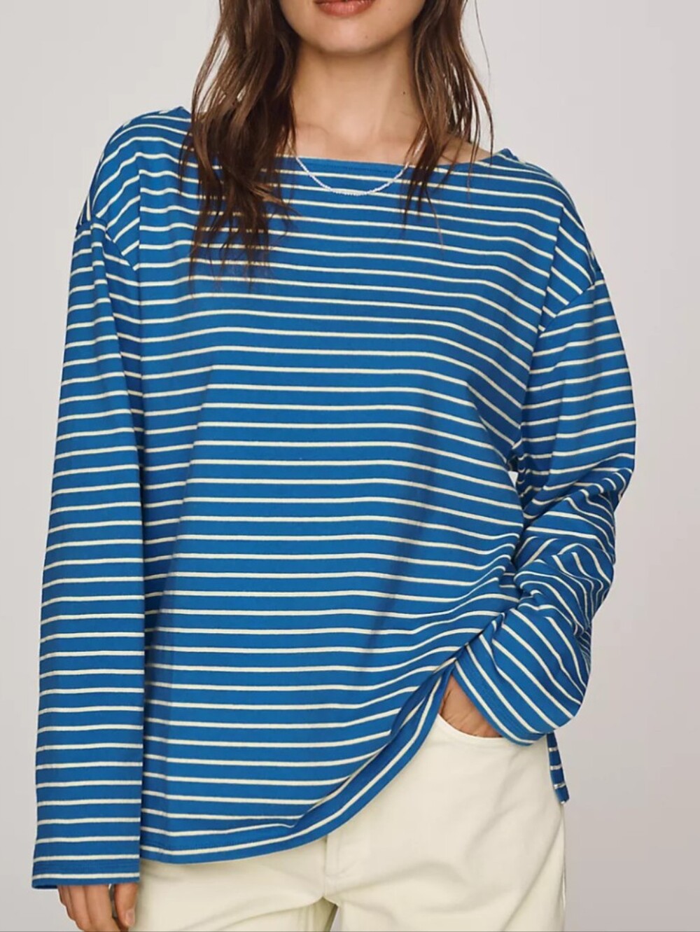 NWT Maeve Greer 100% Cotton Relaxed Long-Sleeve Top *Blue And Yellow Stripes*